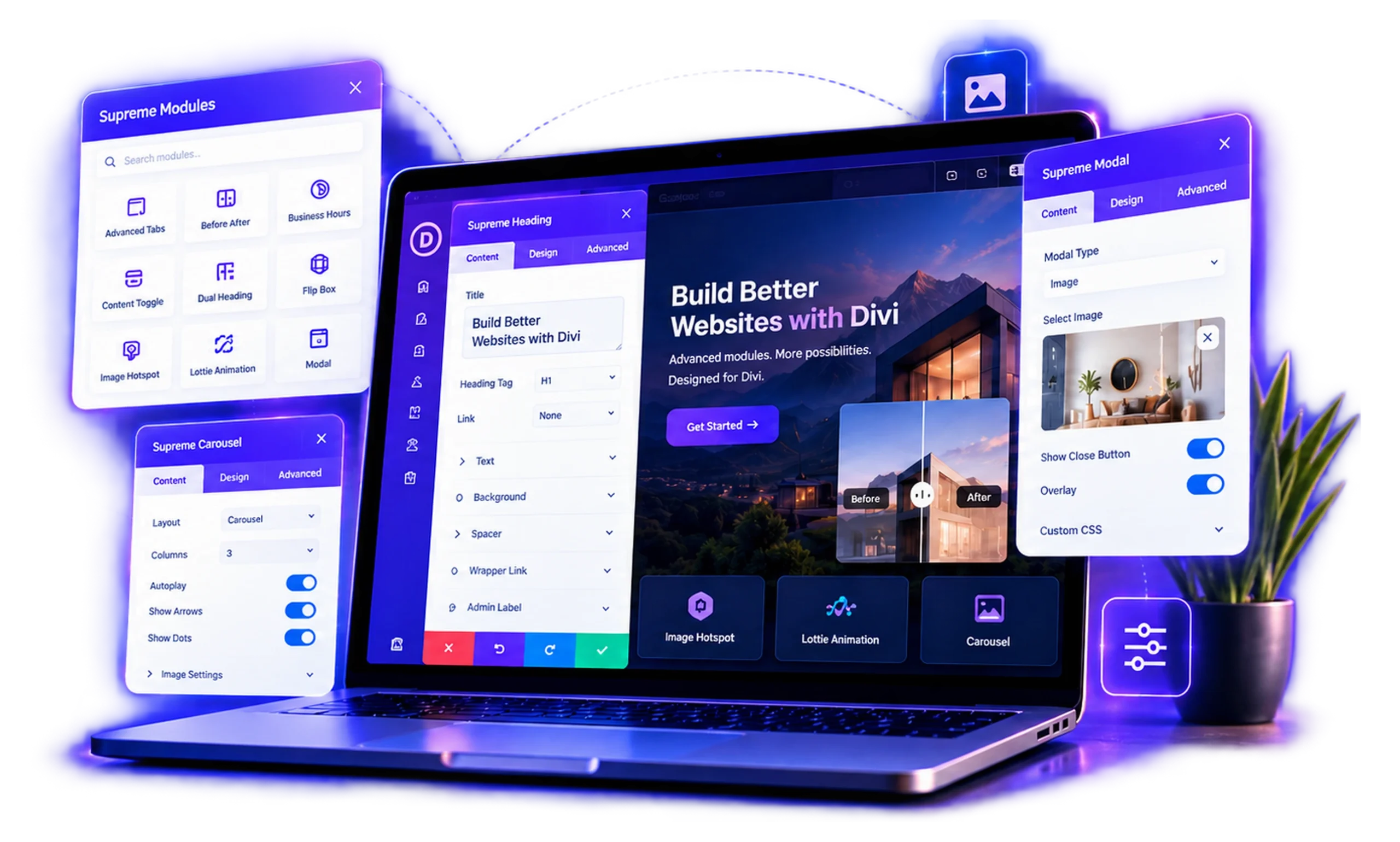 Illustrative Divi Supreme Pro laptop interface with floating module and settings panels