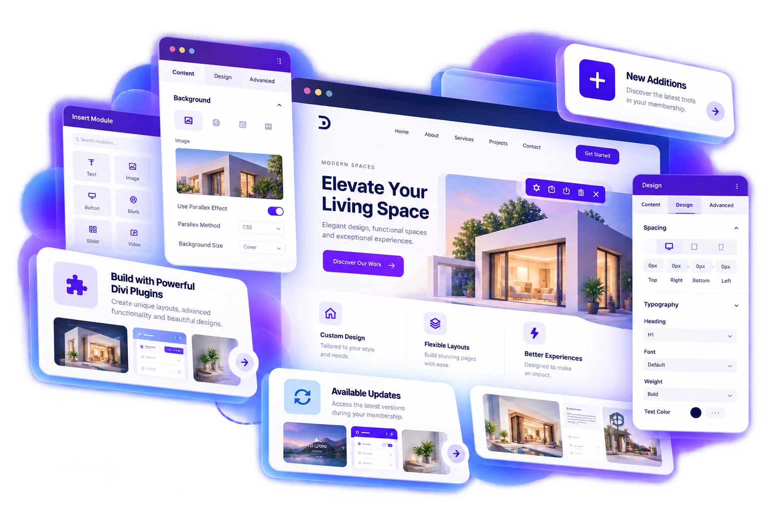 Divi website builder showing a modern architecture website, visual editing panels and plugin update tools