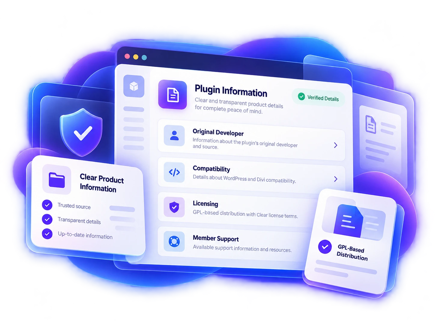 Illustration of transparent Divi plugin information, original developer, compatibility, GPL licensing and member support