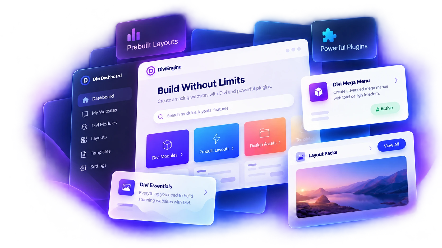 Floating Divi plugin dashboard with layout previews and softly transparent edges